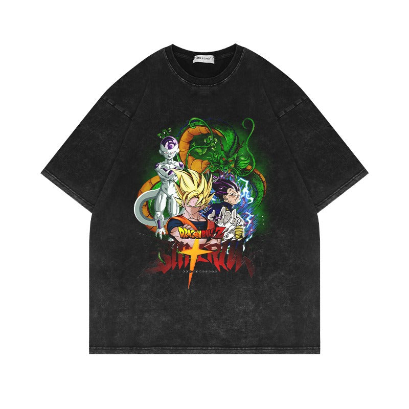 280G Heavyweight Washed Old Vintage Short Sleeve T Shirt Seven Dragon Ball Anime American Oversize High Street Half Sleeve T