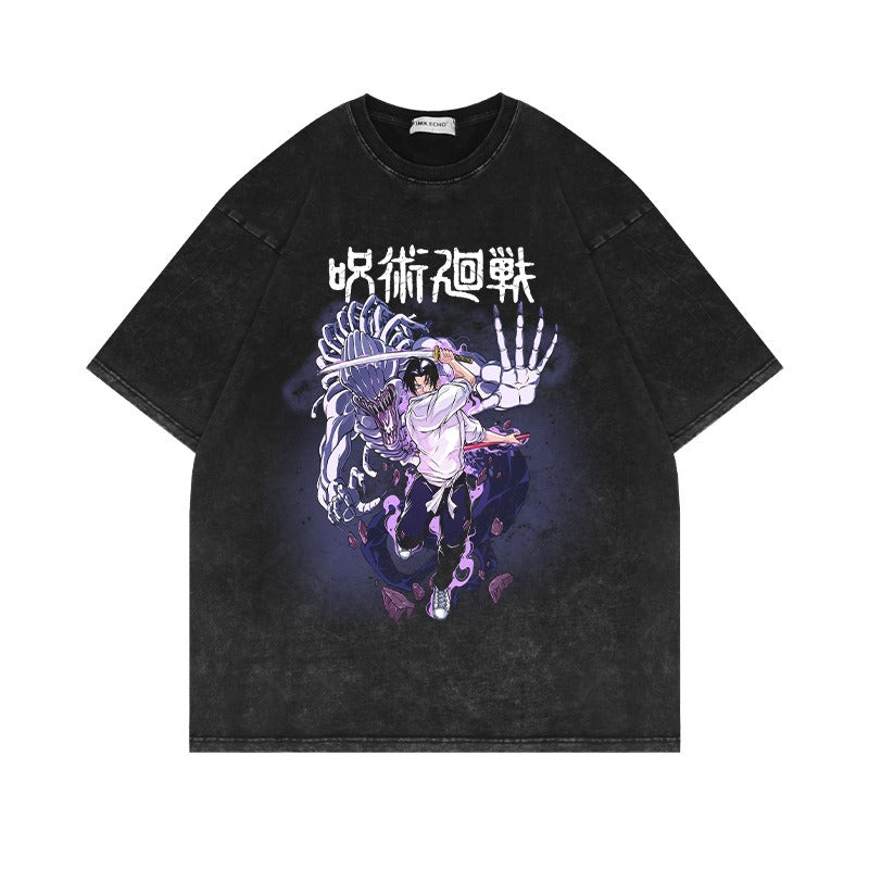 280G Heavyweight Washed Old Vintage Short Sleeve T Shirt Anime Spell Return Battle American High Street Oversize Top
