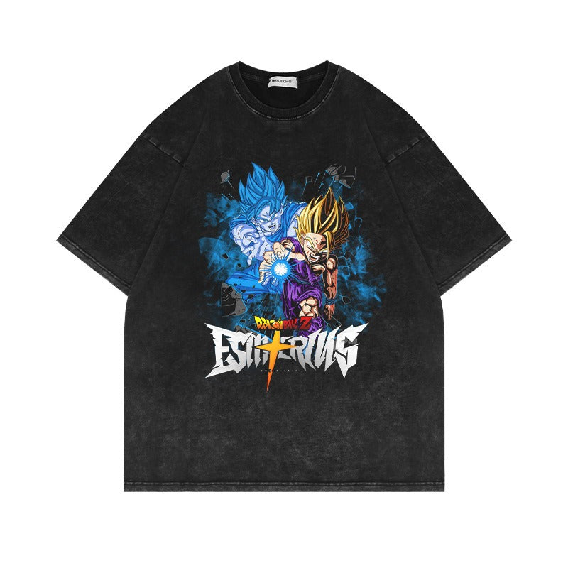 280G Heavyweight Washed Old Vintage Short Sleeve T Shirt Seven Dragon Ball Anime American Oversize High Street Half Sleeve T
