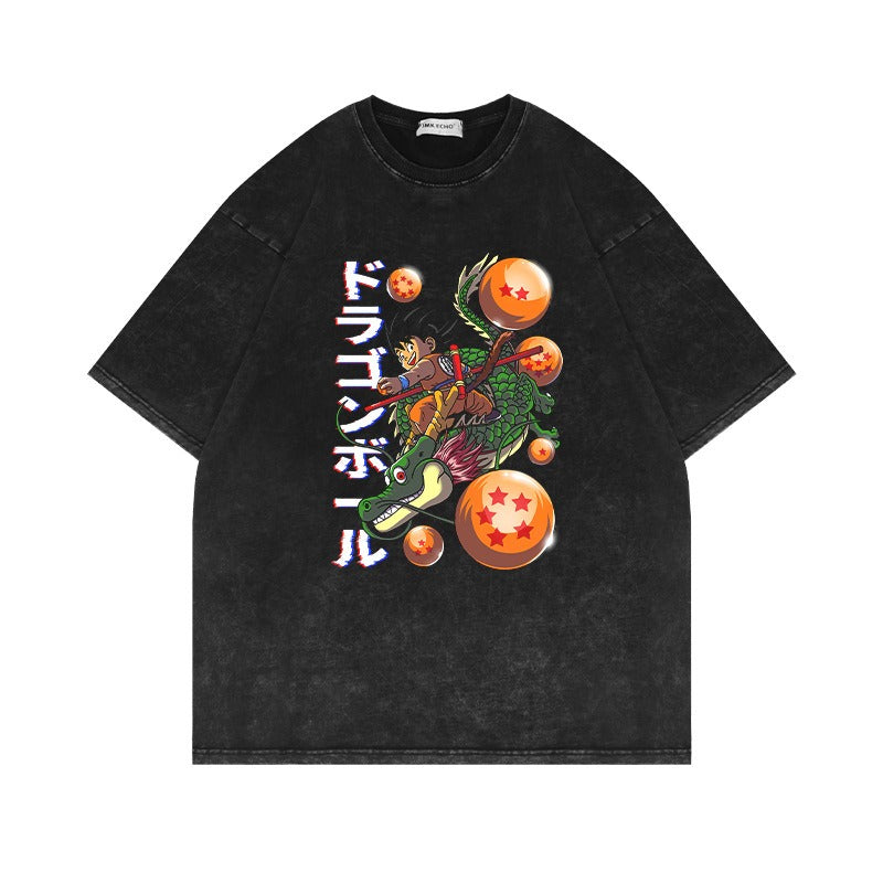 280G Heavyweight Washed Old Vintage Short Sleeve T Shirt Seven Dragon Ball Anime American Oversize High Street Half Sleeve T
